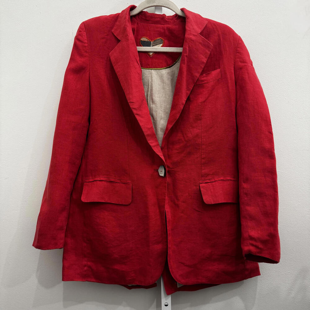 Sandra Weil Red Single-Button Blazer with Heart Patch Detail